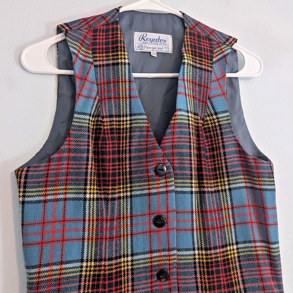 Vintage 90s Royatex Plaid Vest Pure New Wool Great Britain Academia Size 34 - Picture 3 of 6